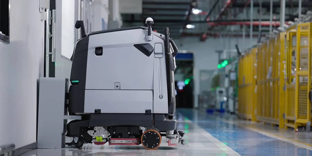 PUDU BG1 floor-cleaning robot working along a wall in an industrial hall